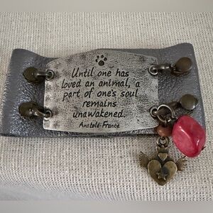 Lenny and Eva Silver Tone Animal Quote Leather Cuff Bracelet with Pink Charm